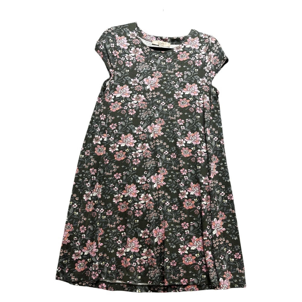 LOFT Womens S Green Pink Floral Short Sleeve Swing Mini Dress Boho Casual Cozy
